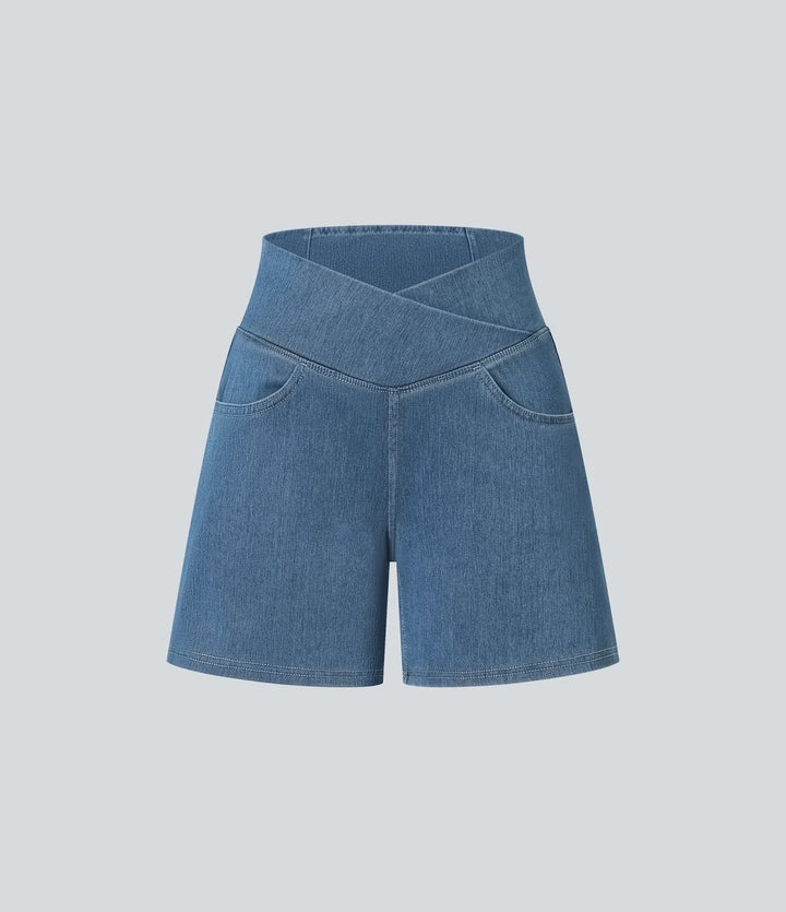 Jean & Marie Short décontracté évasé à jambe large en denim extensible délavé taille haute croisée avec poches multiples