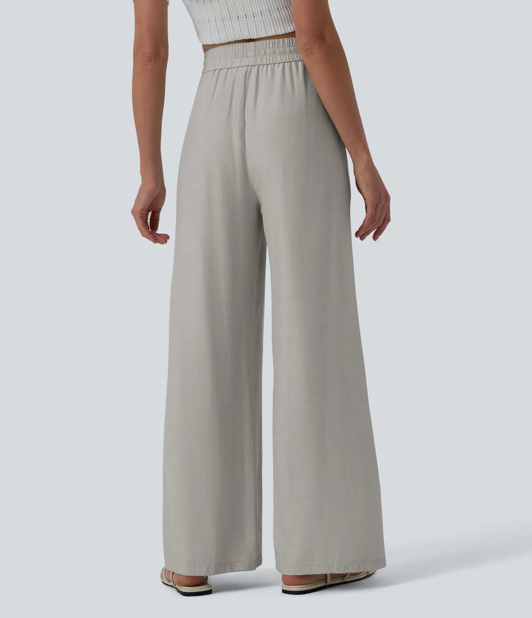 Pantalon casual large mélange lin taille haute avec cordon de serrage et poches