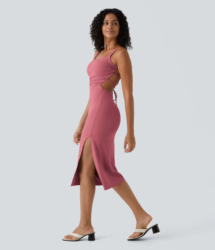 Robe midi casual laquée fendue, brassière intégrée, dos nu croisé