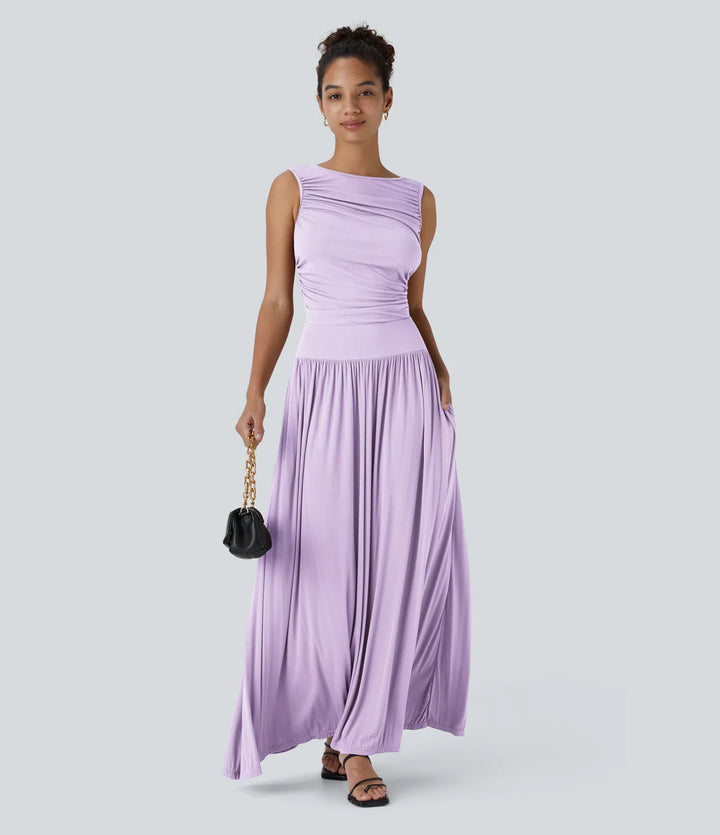 Robe longue décontractée à encolure bateau, bretelles asymétriques, côtés froncés et poches
