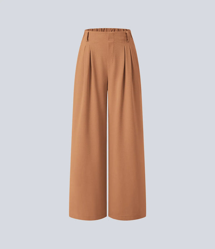 Pantalon fluide à taille haute et jambes larges, en tissu gaufré, avec poches latérales