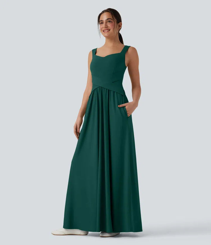 Robe maxi casual fluide dos nu, avec brassière intégrée et poches