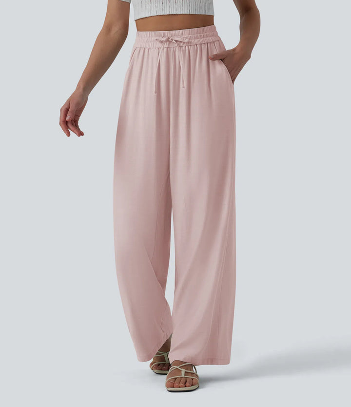 Pantalon casual large mélange lin taille haute avec cordon de serrage et poches