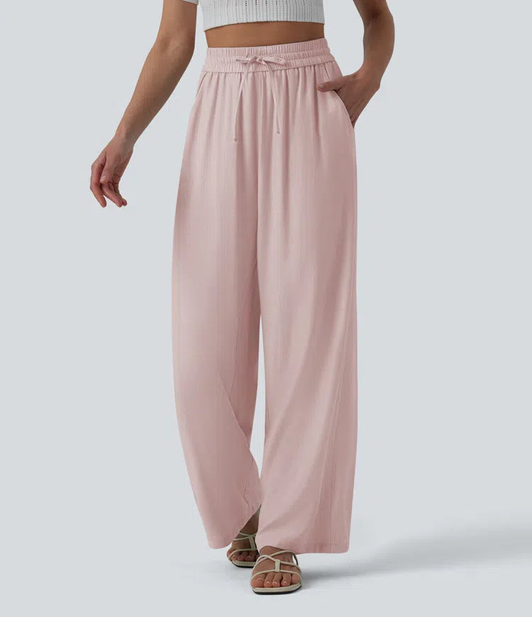 Pantalon casual large mélange lin taille haute avec cordon de serrage et poches