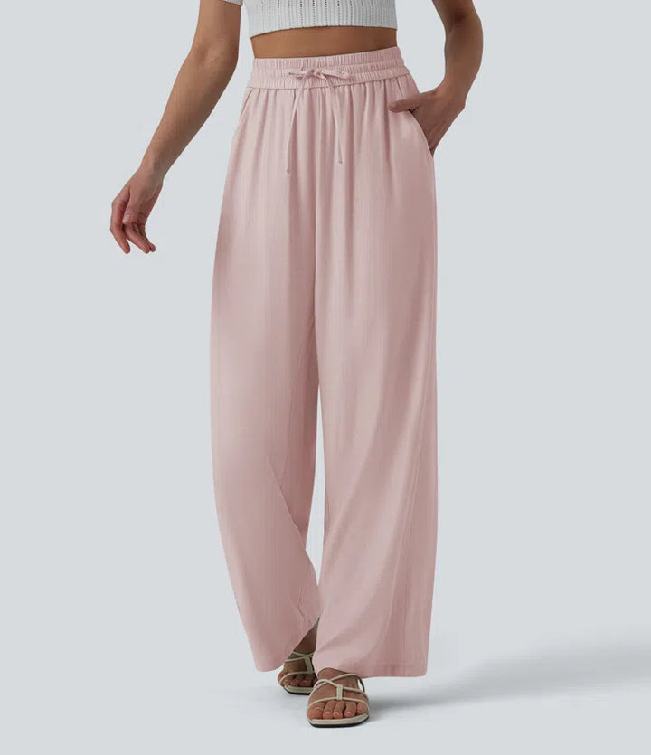 Pantalon casual large mélange lin taille haute avec cordon de serrage et poches
