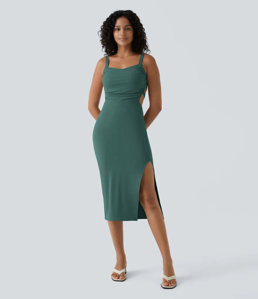 Robe midi casual laquée fendue, brassière intégrée, dos nu croisé