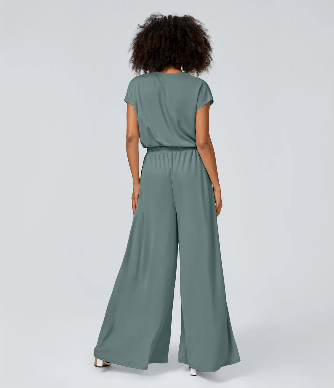 Combinaison Casual Col en V Jambes Large Plissée Manches Courtes Poche Latérale Gaufrée Fluide