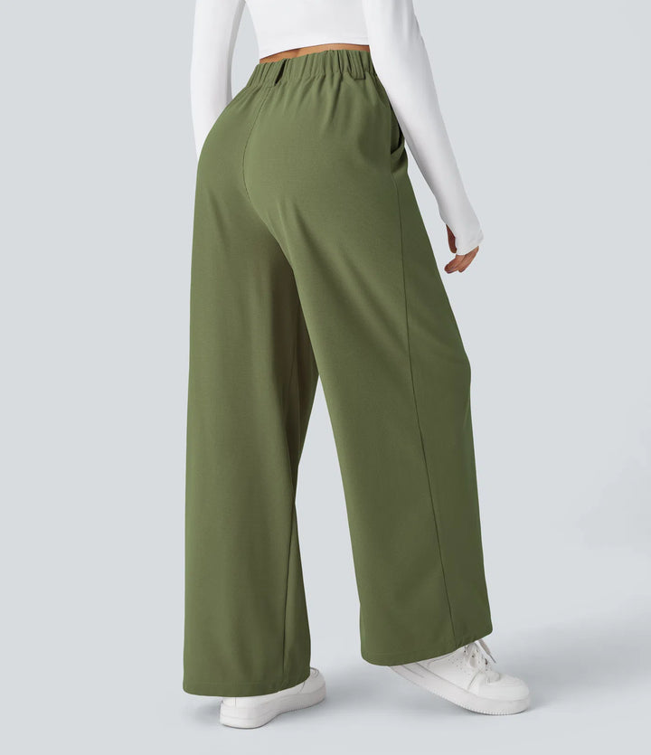 Pantalon Tailleur Large Fluide Gaufré Taille Haute Poches Latérales