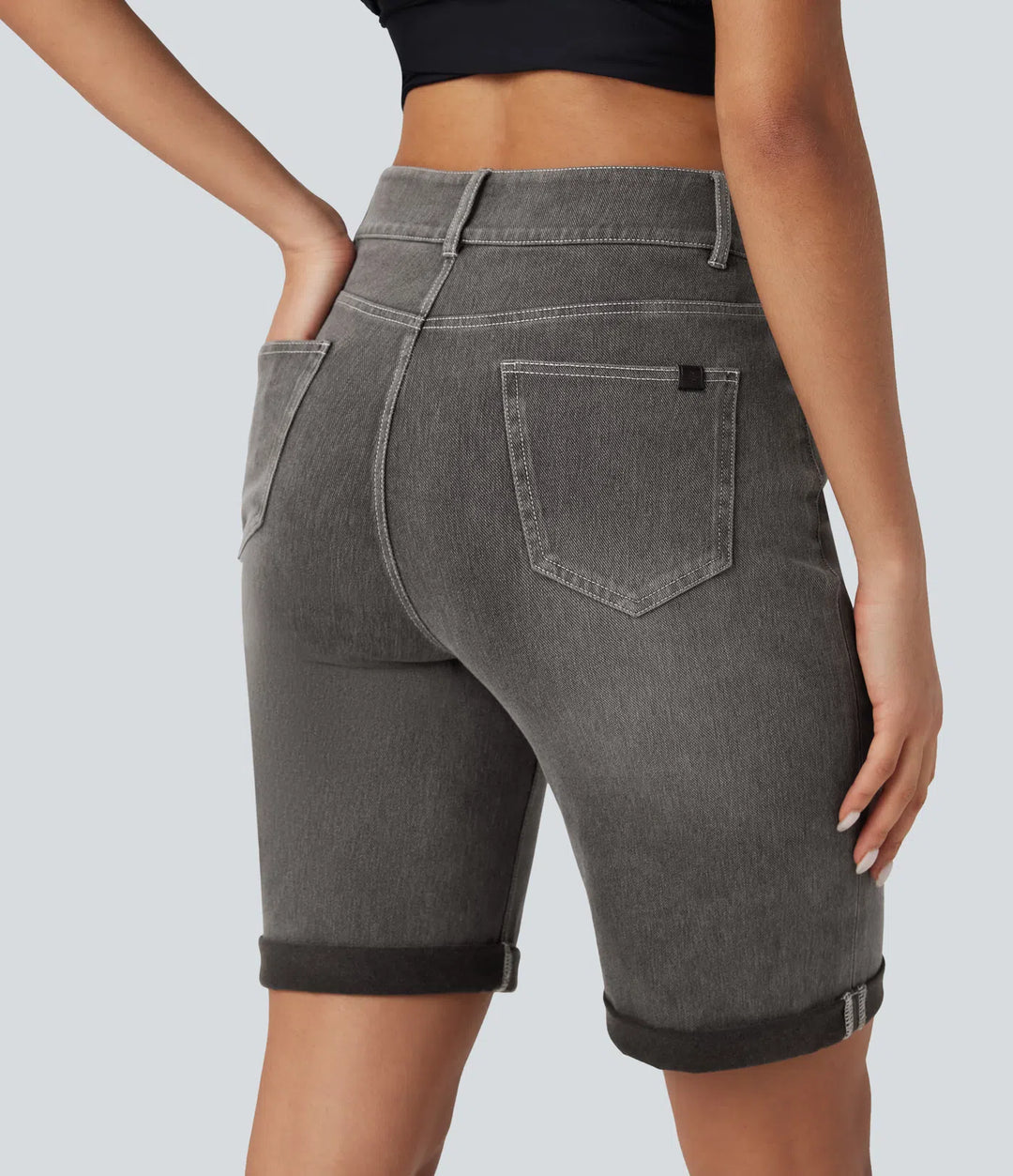Bermuda décontracté en jean extensible délavé Halara Flex™ taille haute avec revers et multiples poches