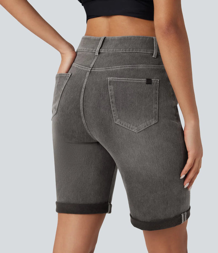 Bermuda décontracté en jean extensible délavé Halara Flex™ taille haute avec revers et multiples poches