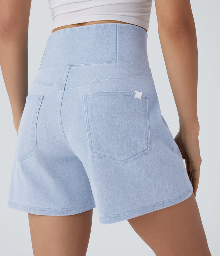 Jean & Marie Short décontracté évasé à jambe large en denim extensible délavé taille haute croisée avec poches multiples