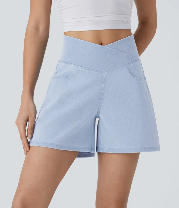 Jean & Marie Short décontracté évasé à jambe large en denim extensible délavé taille haute croisée avec poches multiples