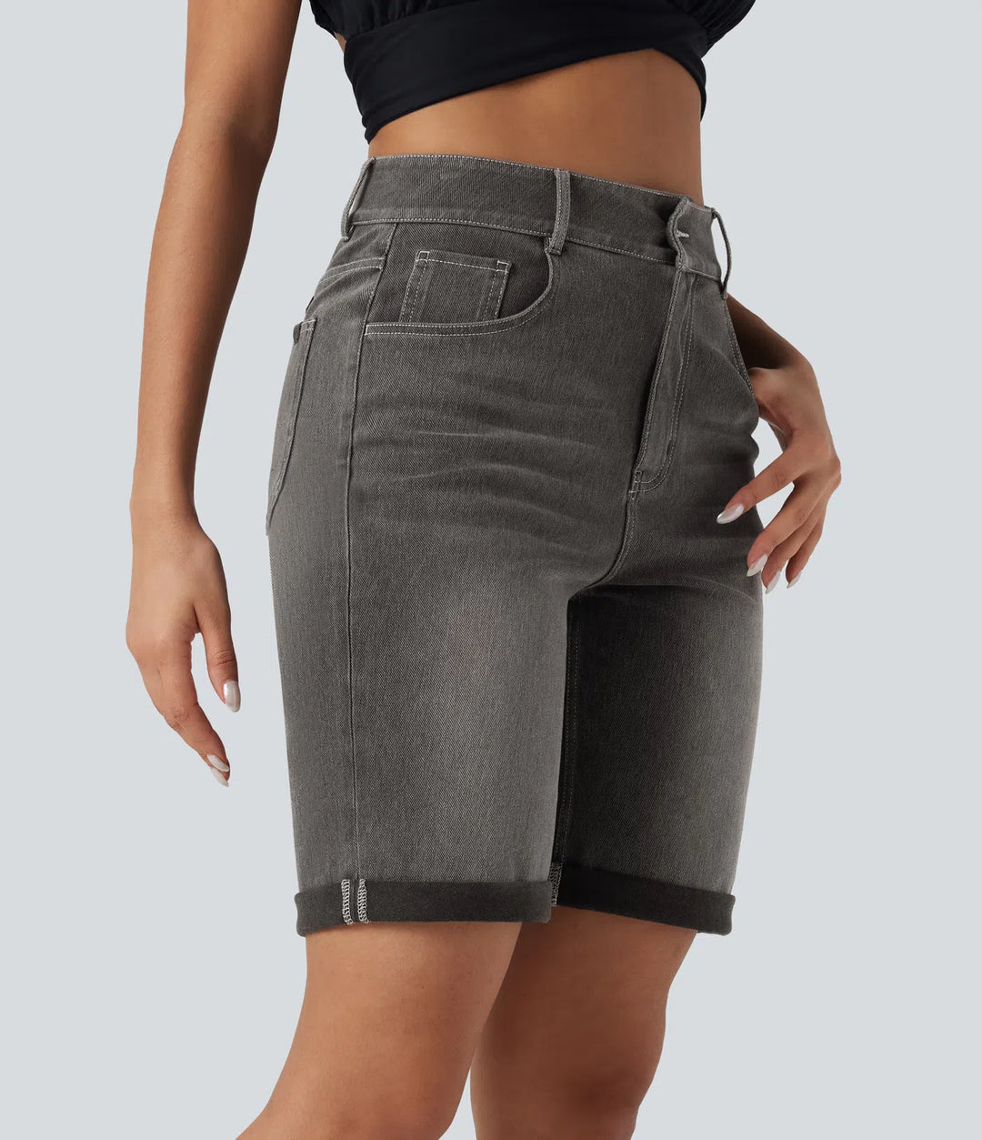 Bermuda décontracté en jean extensible délavé Halara Flex™ taille haute avec revers et multiples poches