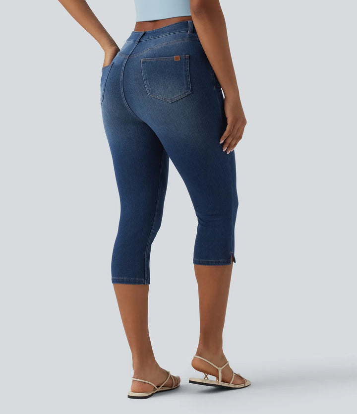 Jean slim casual capri taille haute avec fentes et poches