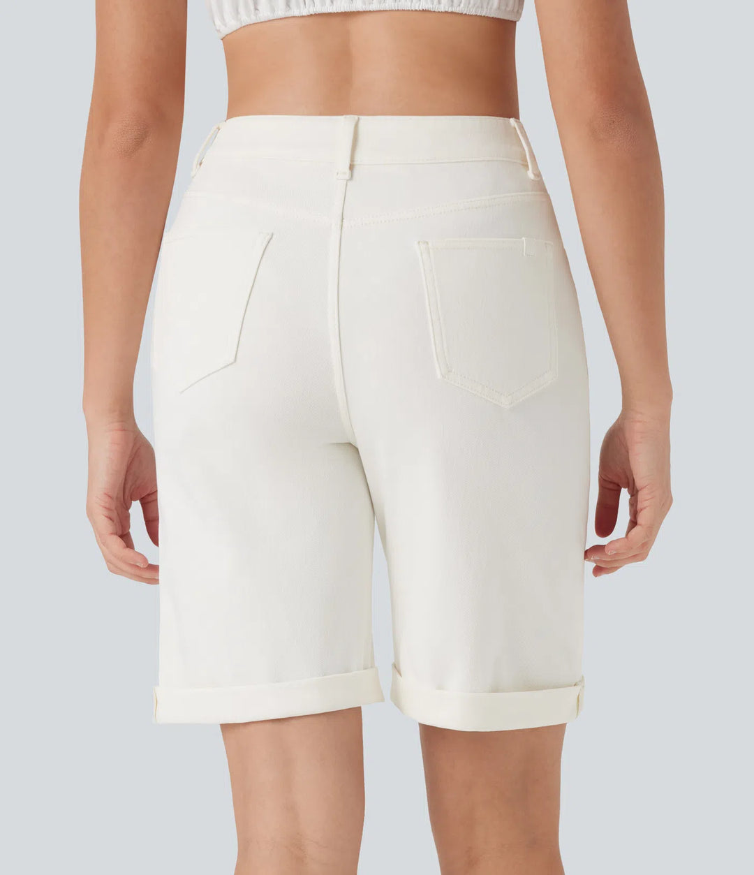 Bermuda décontracté en jean extensible délavé Halara Flex™ taille haute avec revers et multiples poches