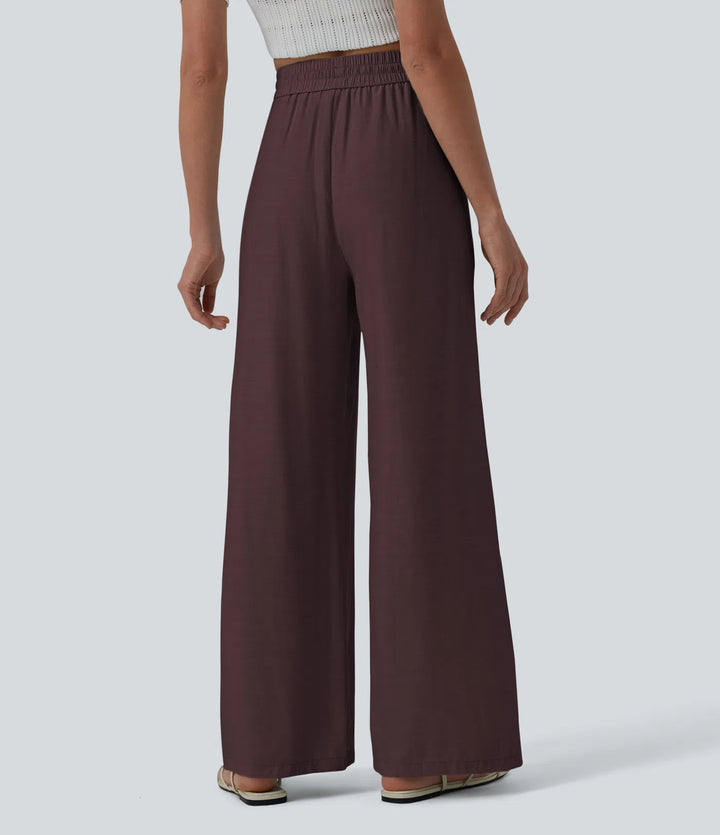 Pantalon casual large mélange lin taille haute avec cordon de serrage et poches