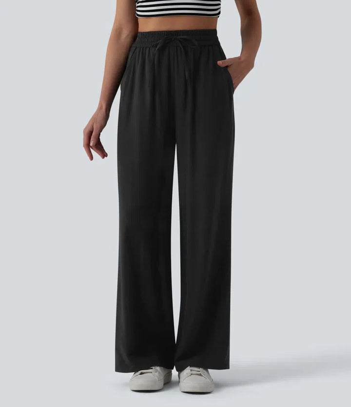 Pantalon casual large mélange lin taille haute avec cordon de serrage et poches