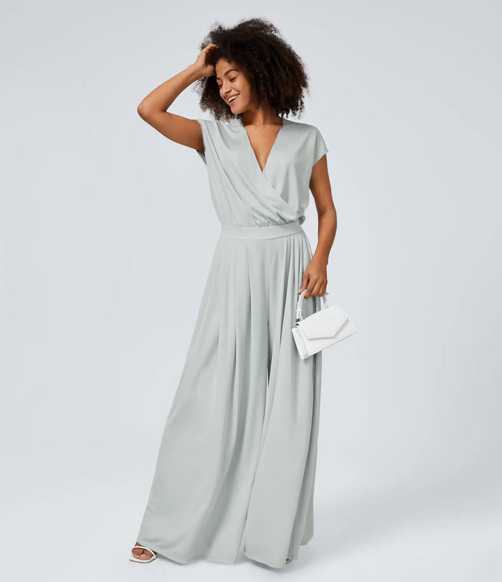 Combinaison Casual Col en V Jambes Large Plissée Manches Courtes Poche Latérale Gaufrée Fluide