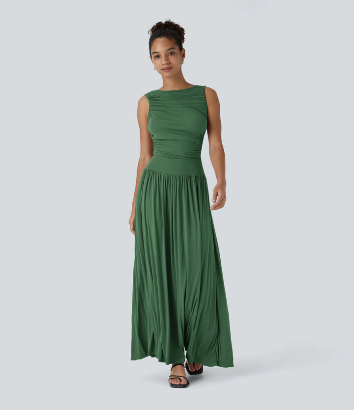 Robe longue décontractée à encolure bateau, bretelles asymétriques, côtés froncés et poches