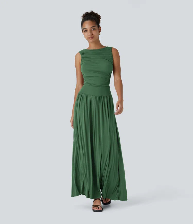 Robe longue décontractée à encolure bateau, bretelles asymétriques, côtés froncés et poches