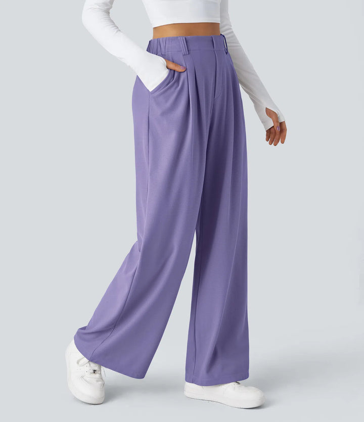 Pantalon fluide à taille haute et jambes larges, en tissu gaufré, avec poches latérales