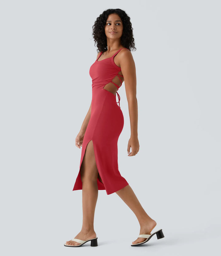 Robe midi casual laquée fendue, brassière intégrée, dos nu croisé