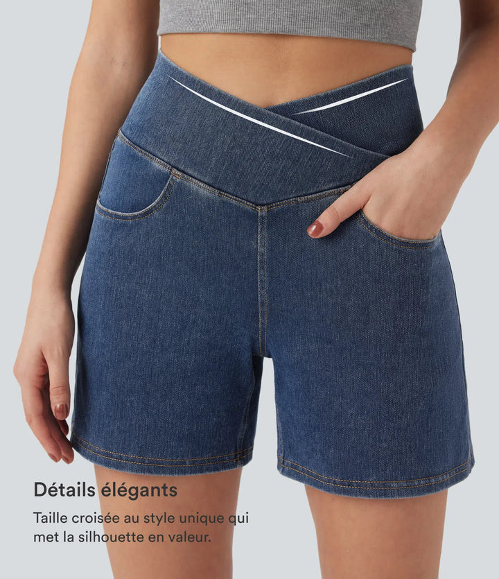 Jean & Marie Short décontracté évasé à jambe large en denim extensible délavé taille haute croisée avec poches multiples