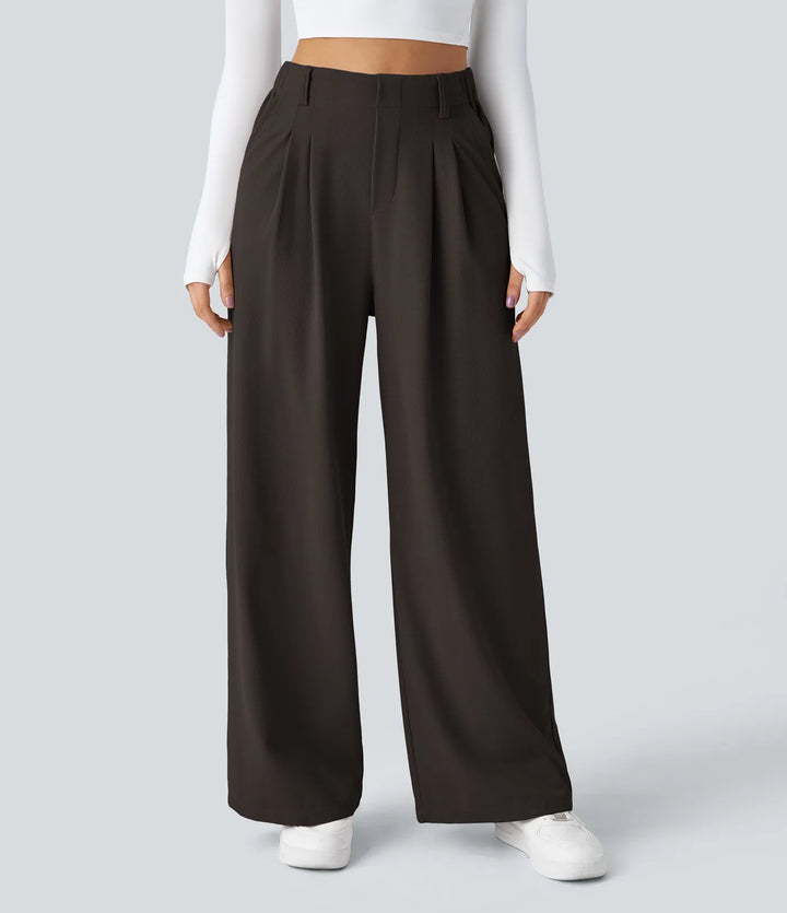 Pantalon fluide à taille haute et jambes larges, en tissu gaufré, avec poches latérales