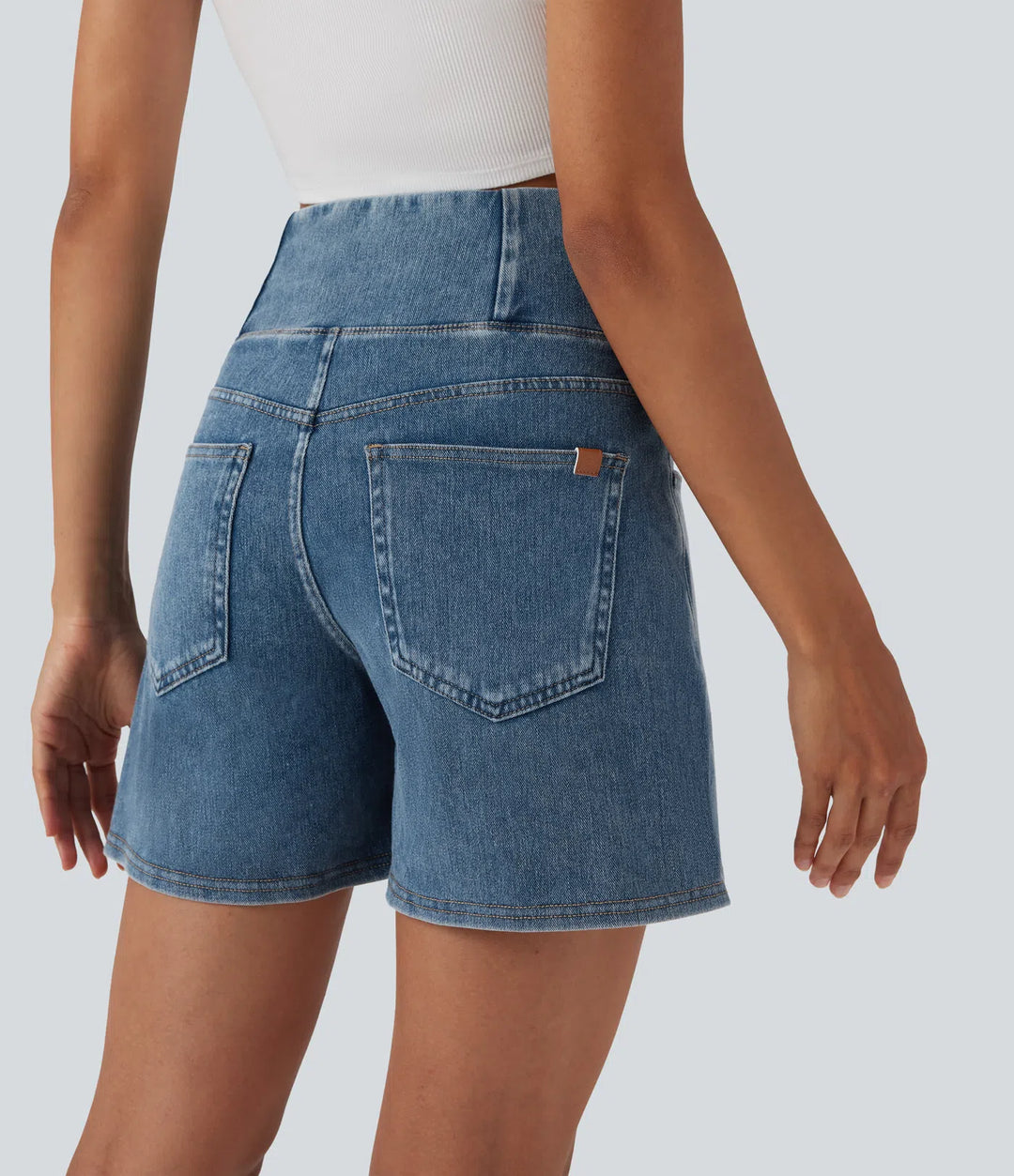 Jean & Marie Short décontracté évasé à jambe large en denim extensible délavé taille haute croisée avec poches multiples