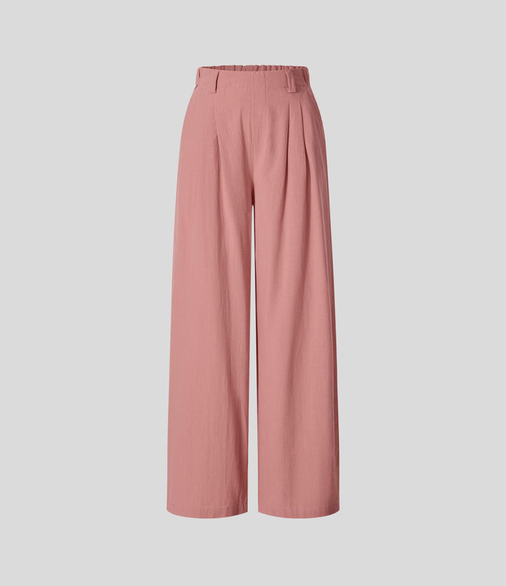 Pantalon Fluide Large Taille Haute Poches Latérales Palazzo Solide Casual Linen-Feel