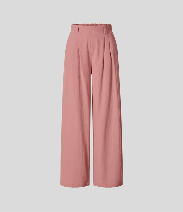 Pantalon Fluide Large Taille Haute Poches Latérales Palazzo Solide Casual Linen-Feel