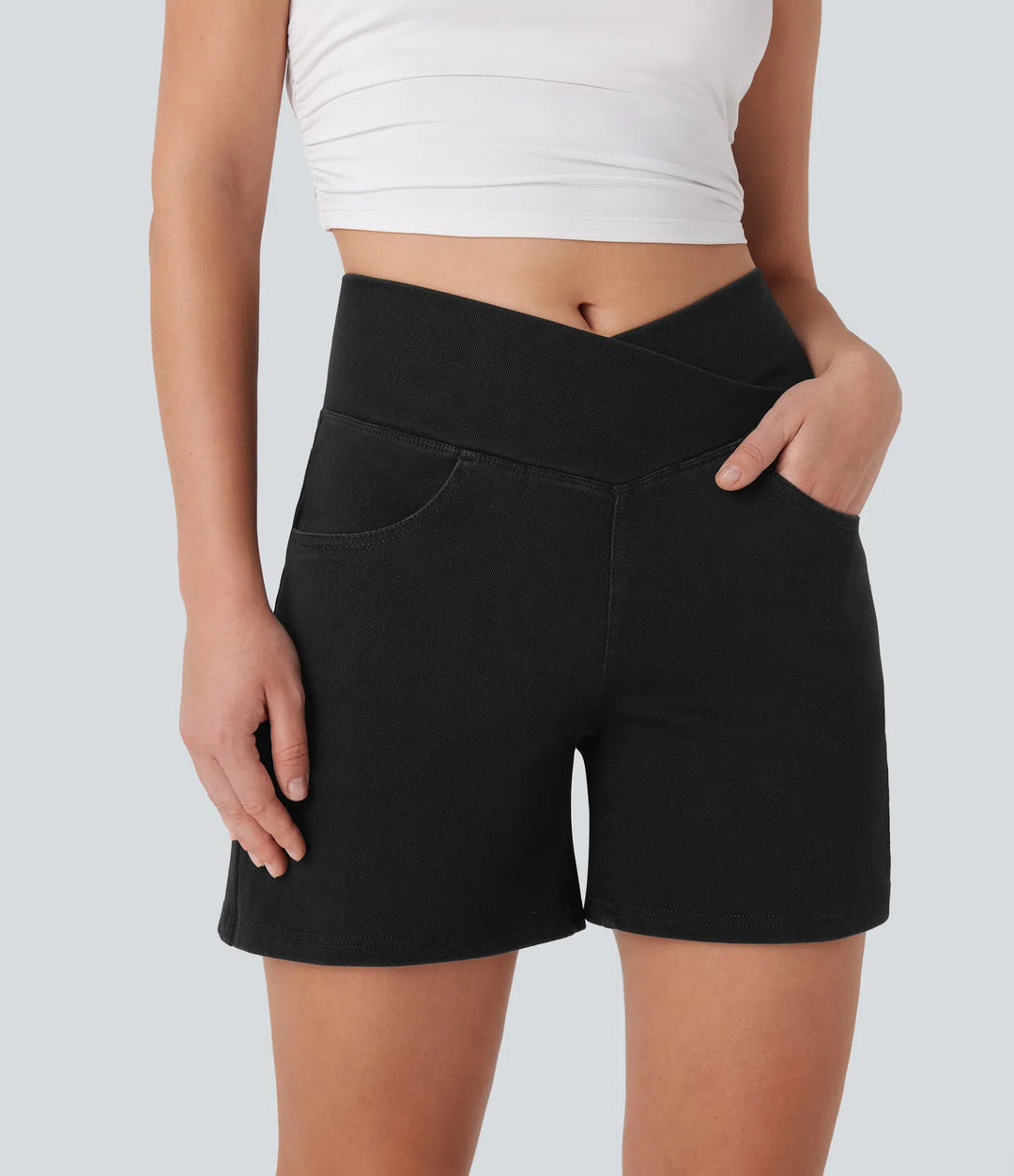 Jean & Marie Short décontracté évasé à jambe large en denim extensible délavé taille haute croisée avec poches multiples