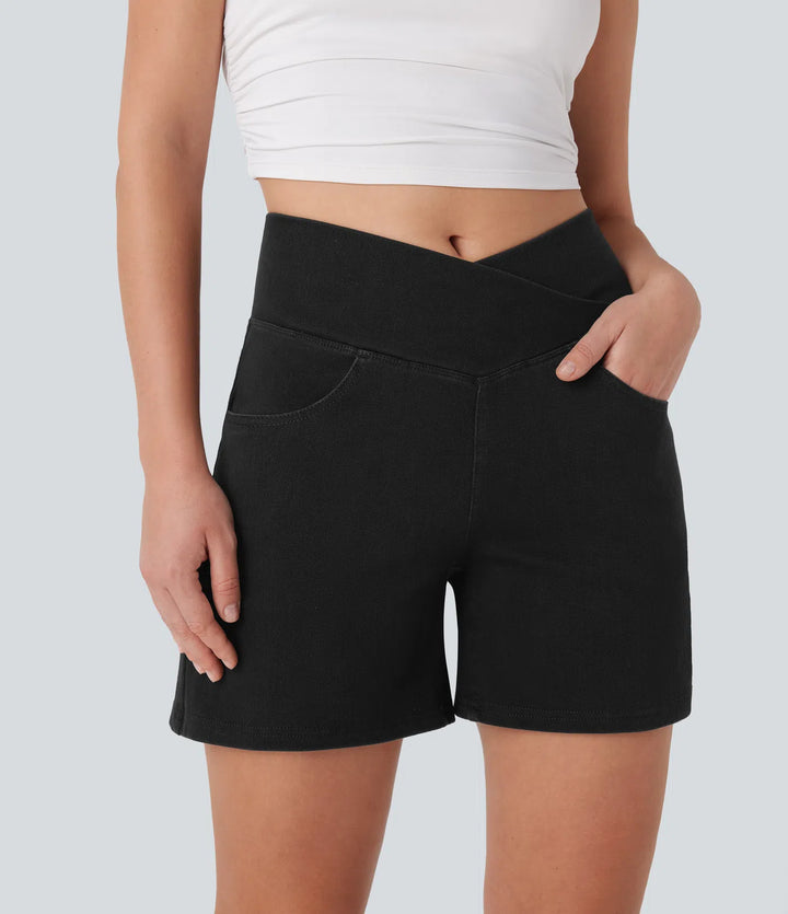 Jean & Marie Short décontracté évasé à jambe large en denim extensible délavé taille haute croisée avec poches multiples