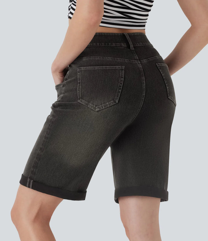Bermuda décontracté en jean extensible délavé Halara Flex™ taille haute avec revers et multiples poches