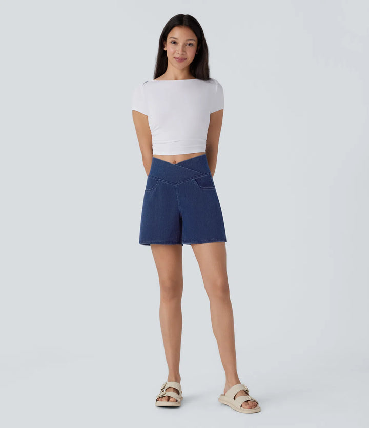 Jean & Marie Short décontracté évasé à jambe large en denim extensible délavé taille haute croisée avec poches multiples