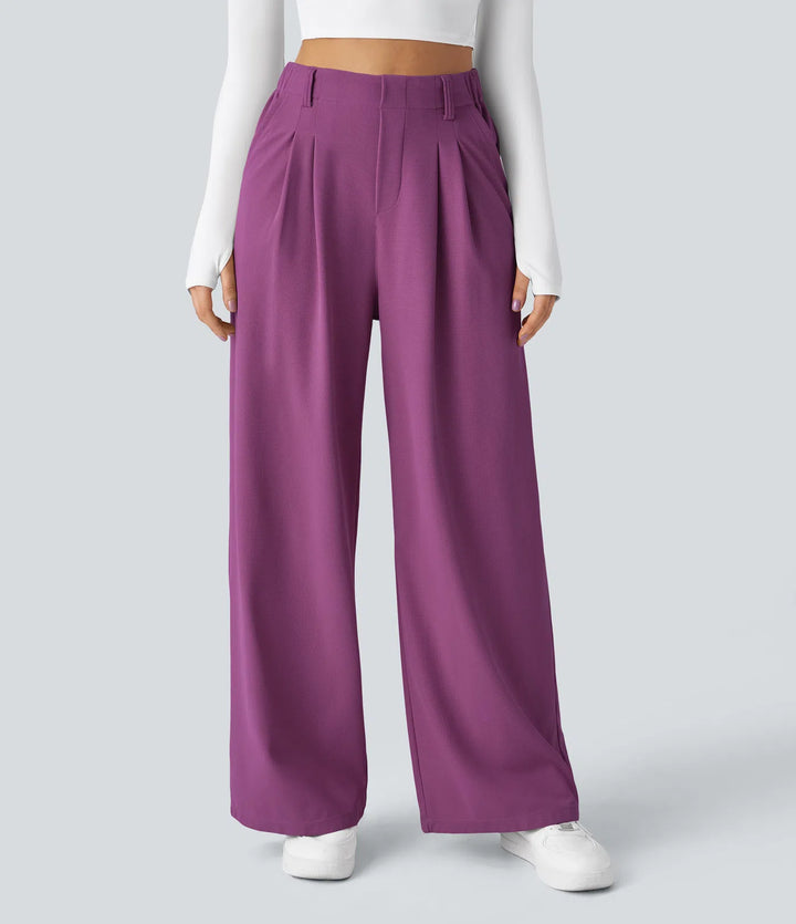 Pantalon fluide à taille haute et jambes larges, en tissu gaufré, avec poches latérales
