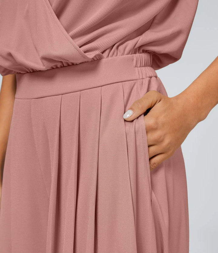 Combinaison Casual Col en V Jambes Large Plissée Manches Courtes Poche Latérale Gaufrée Fluide