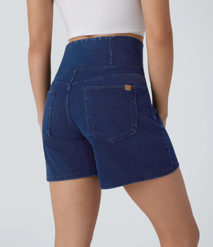Jean & Marie Short décontracté évasé à jambe large en denim extensible délavé taille haute croisée avec poches multiples