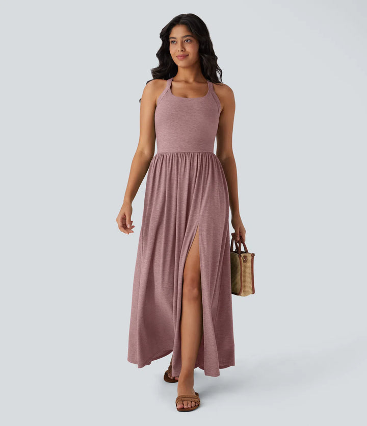 Robe longue fluide fendue avec poches latérales, dos nu et effet torsadé