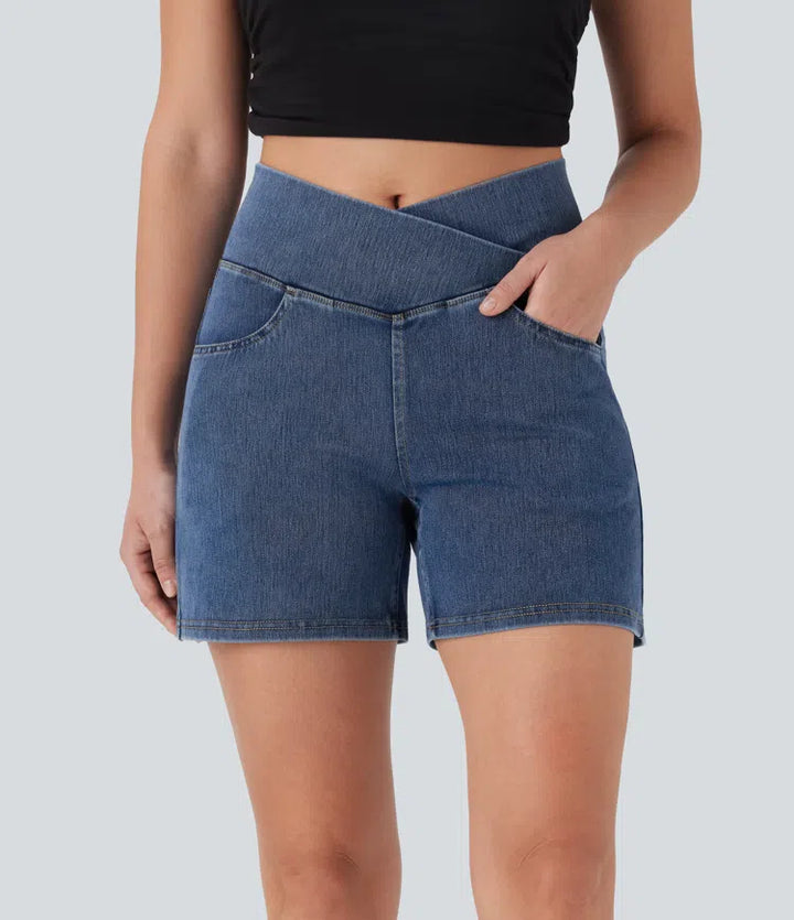 Jean & Marie Short décontracté évasé à jambe large en denim extensible délavé taille haute croisée avec poches multiples