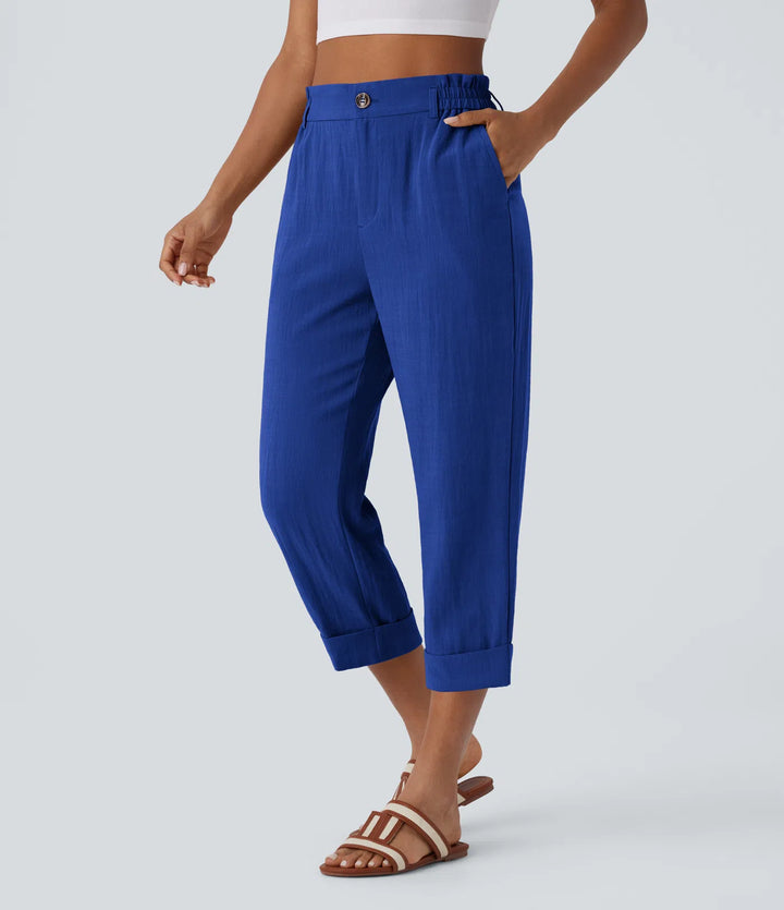 Pantalon capri effet lin taille haute avec poches zippées