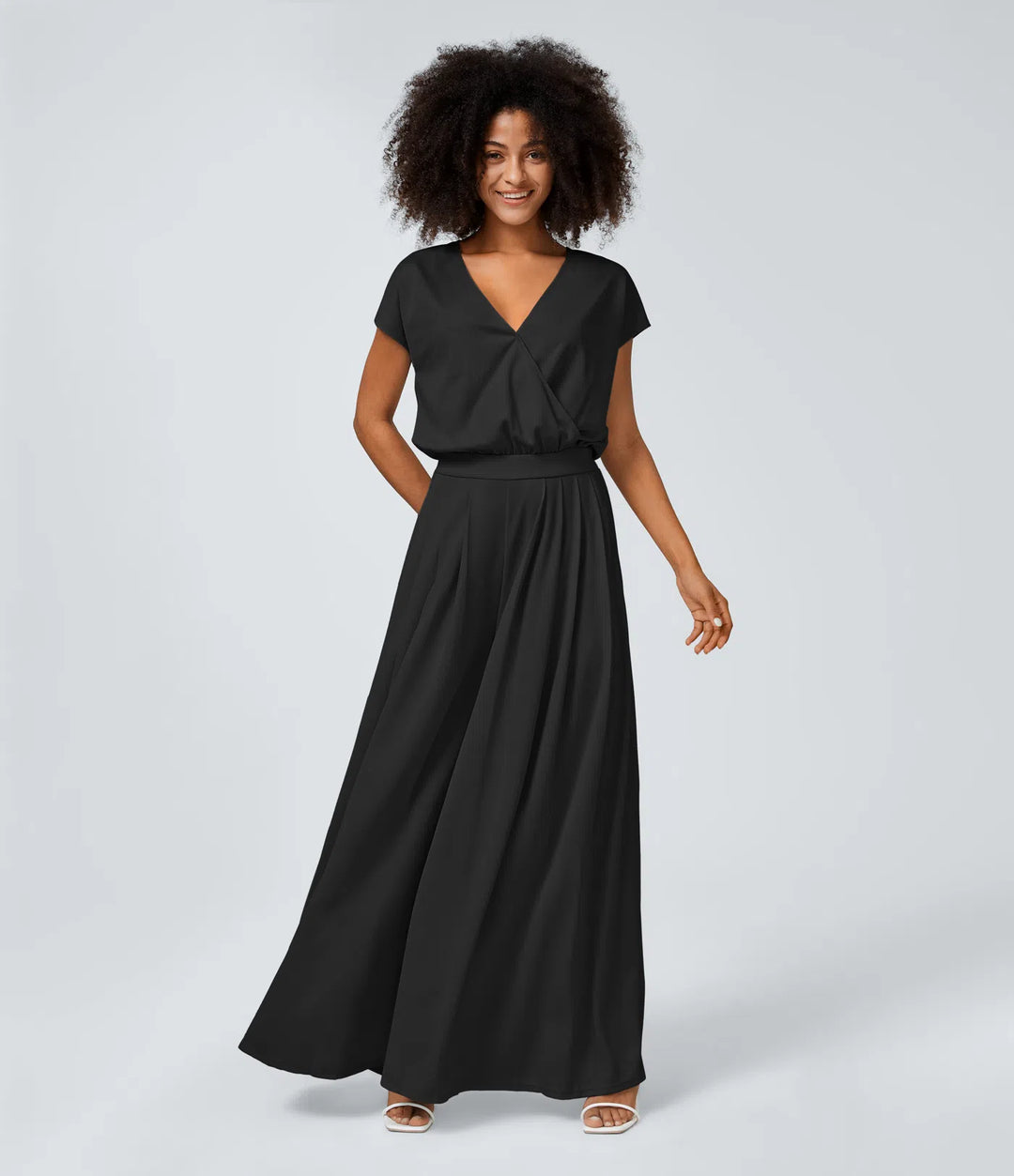 Combinaison Casual Col en V Jambes Large Plissée Manches Courtes Poche Latérale Gaufrée Fluide