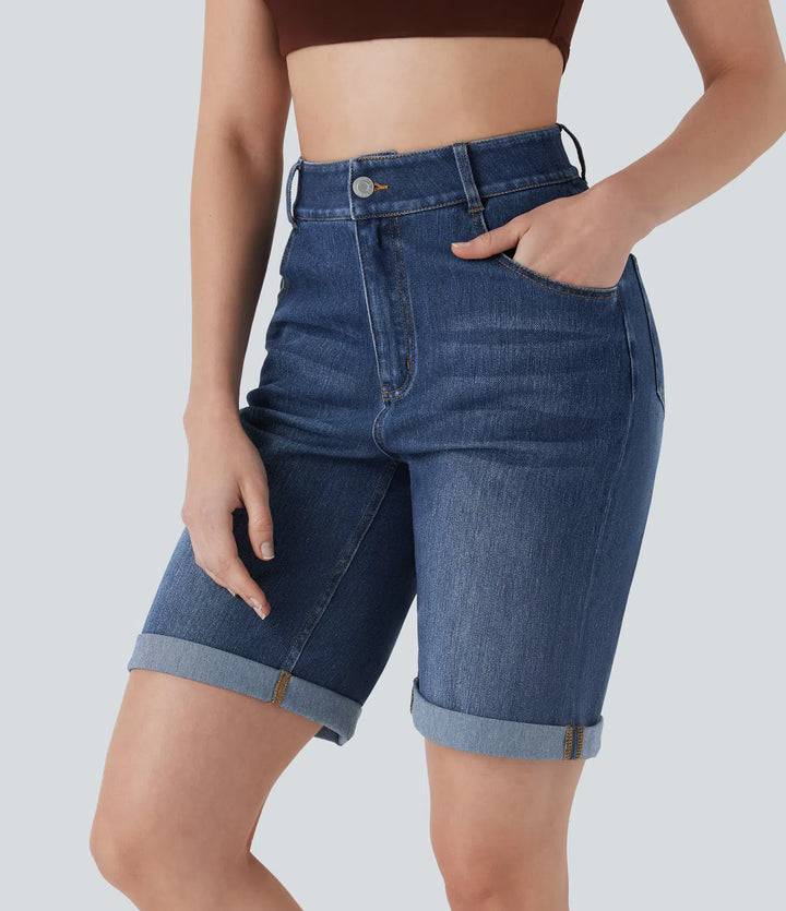 Bermuda décontracté en jean extensible délavé Halara Flex™ taille haute avec revers et multiples poches