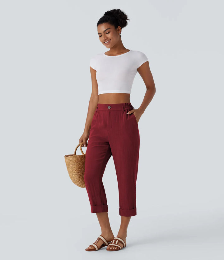 Pantalon capri effet lin taille haute avec poches zippées
