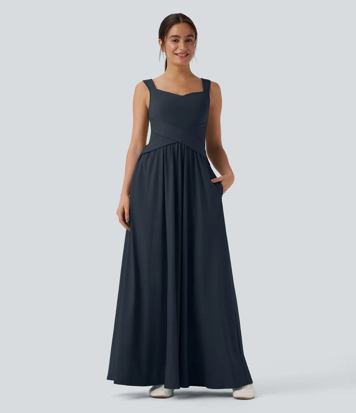 Robe maxi casual fluide dos nu, avec brassière intégrée et poches
