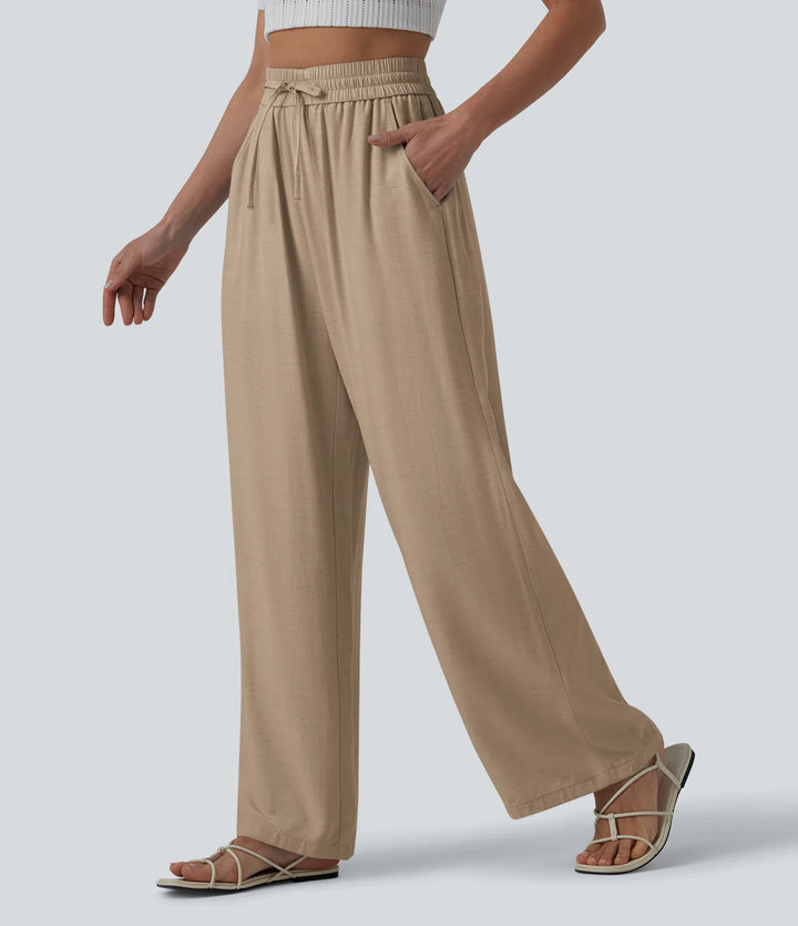 Pantalon casual large mélange lin taille haute avec cordon de serrage et poches