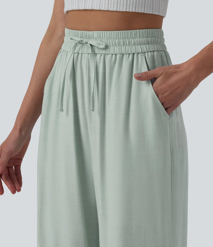 Pantalon casual large mélange lin taille haute avec cordon de serrage et poches