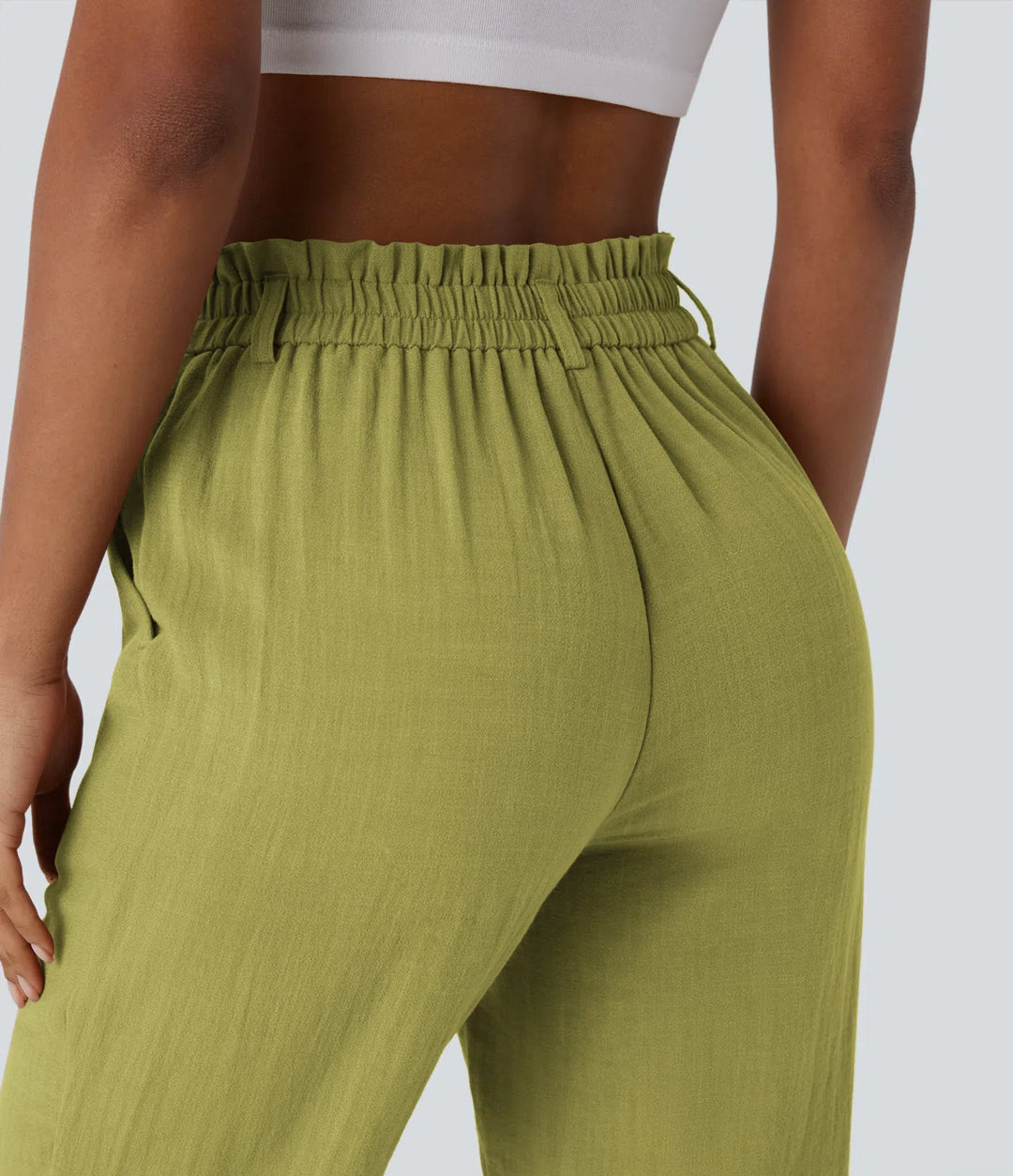 Pantalon capri effet lin taille haute avec poches zippées