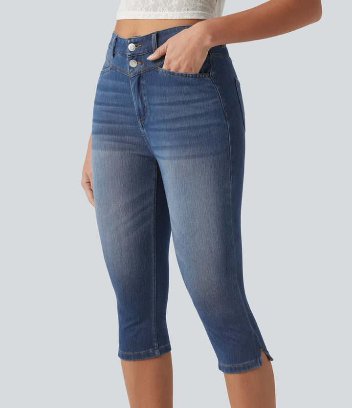 Jean slim casual capri taille haute avec fentes et poches
