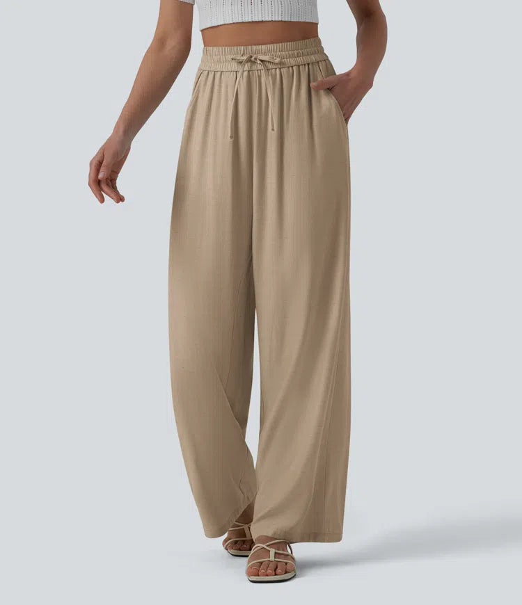 Pantalon casual large mélange lin taille haute avec cordon de serrage et poches